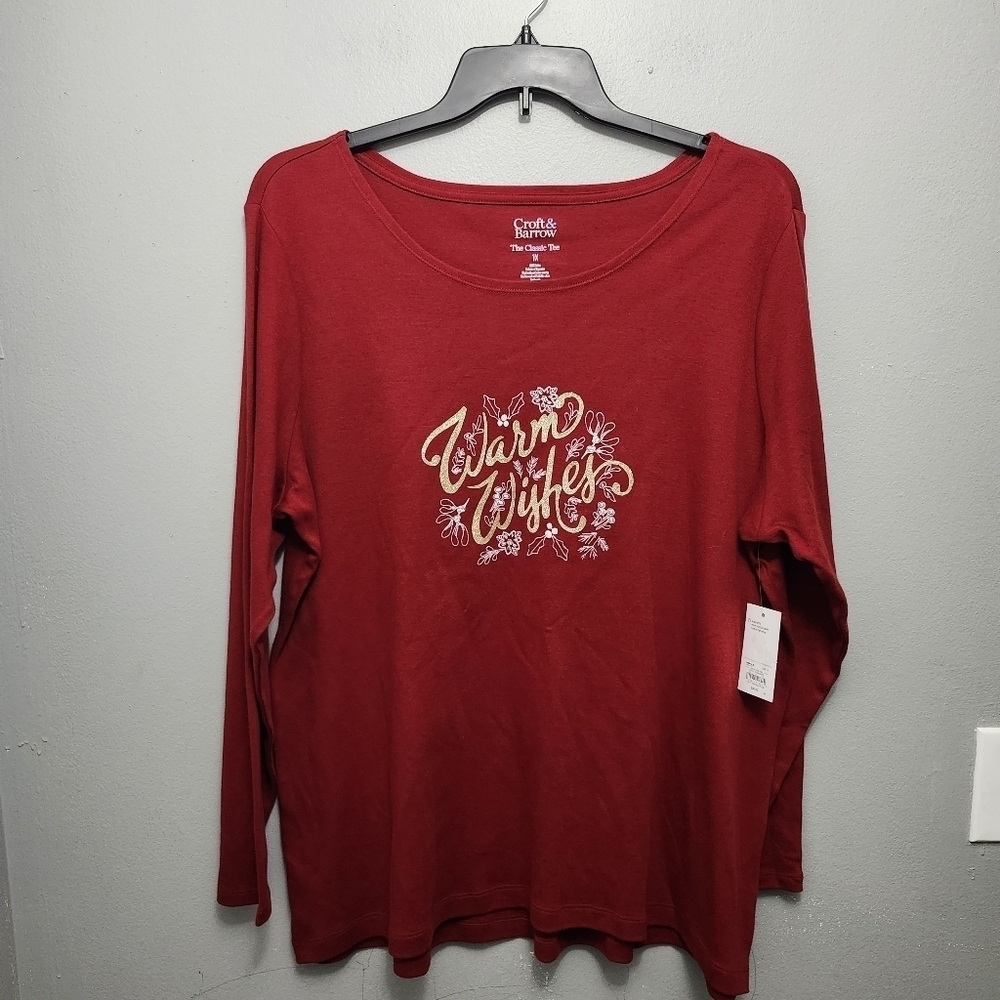 Croft and barrow women's long sleeve tee size 1X red worm wishes